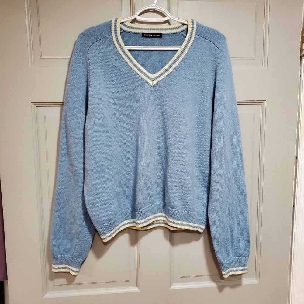 Brandy Melville Women Sweater V-neck One Size Rib Trim Preppy Pullover Blue